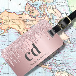 Blush pink glitter drips custom monogram name grey luggage tag<br><div class="desc">A rose gold faux metallic looking background decorated with faux glitter drips,  paint dripping look.  Personalize and add a name,  your monogram initials. Your contact information on the back.  Grey letters on the front,  black on the back.</div>