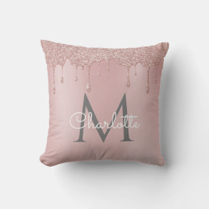 Blush Pink Glitter Drips Monogram Elegant Script Throw Pillow