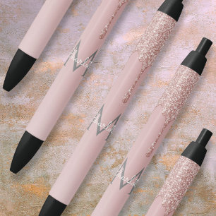 Blush Pink Glitter Drips Monogram Girly Script Black Ink Pen