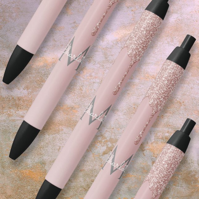 Blush Pink Glitter Drips Monogram Girly Script Black Ink Pen (Blush Pink Glitter Drips Monogram Girly Script Pen)