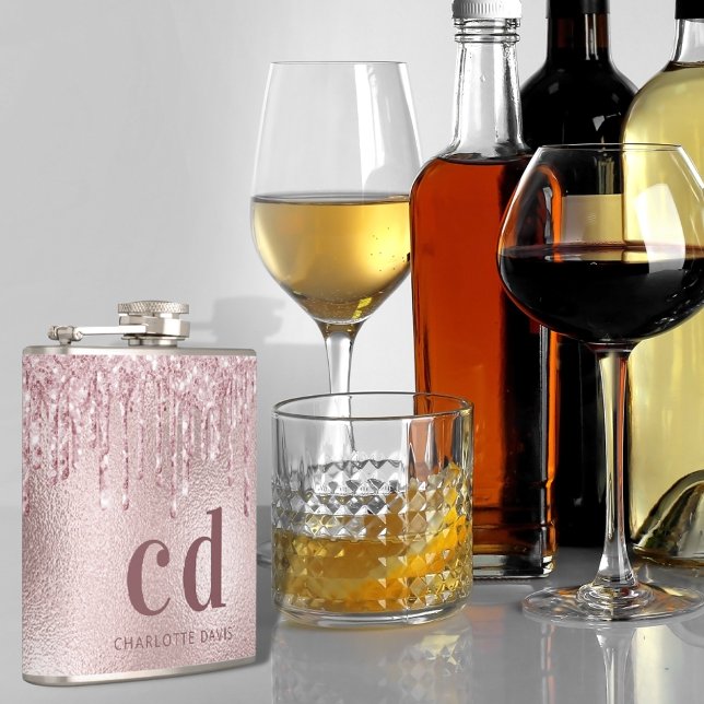 Blush pink glitter drips monogram name hip flask (Creator Uploaded)