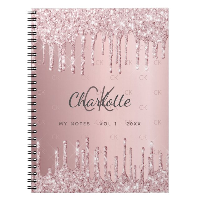 Blush pink glitter drips monogram script notebook (Front)