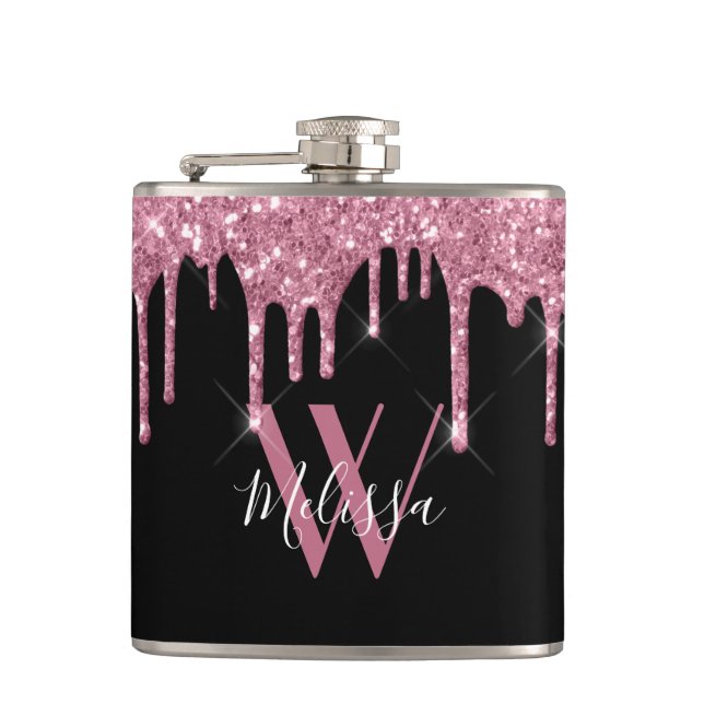 Blush Pink Glitter Drips Sparkle Monogram Black Hip Flask (Front)