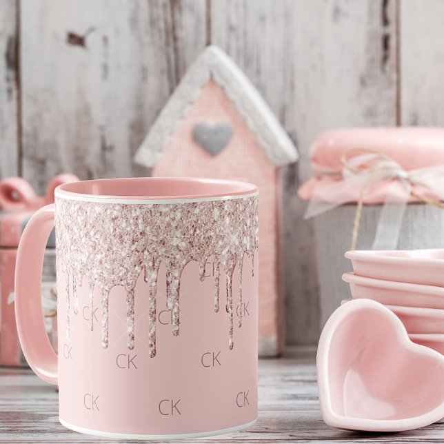 Blush pink glitter drips sparkle monogram mug (Creator Uploaded)