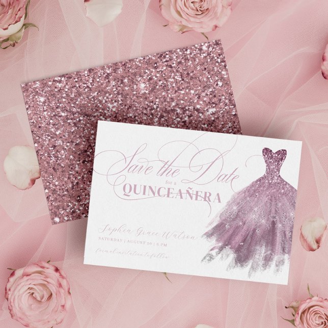 Blush Pink Glitter Feminine Dress Quinceanera Save The Date (Creator Uploaded)