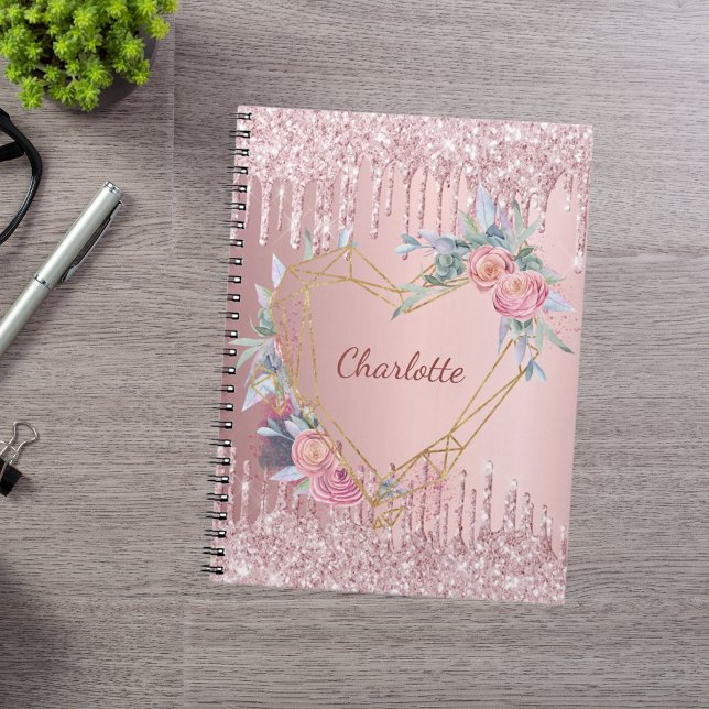 Blush pink glitter floral monogram name diary notebook (Creator Uploaded)
