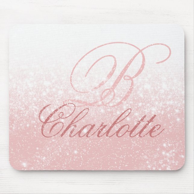 Blush Pink Glitter Girly Script Monogram Name Mouse Pad (Front)