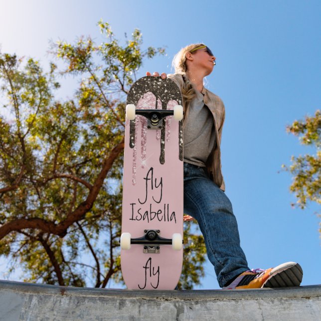 Blush Pink Glitter Girly Sparkle Personalized Name Skateboard (Outdoor 1)