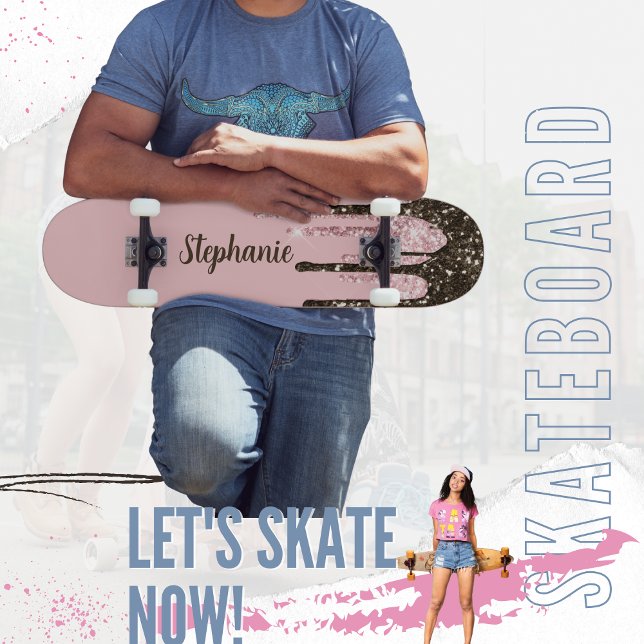 Blush Pink Glitter Girly Sparkle Personalized Name Skateboard (Creator Uploaded)