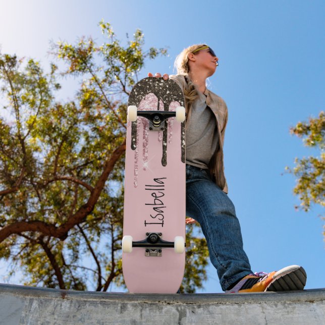 Blush Pink Glitter Girly Sparkle Personalized Name Skateboard (Outdoor 1)