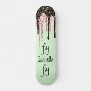 Blush Pink Glitter Girly Sparkles Name Mint Green Skateboard