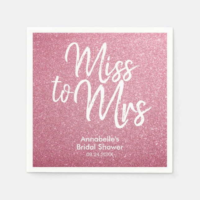 Blush Pink Glitter Glam Miss to Mrs Bridal Shower Napkin (Front)