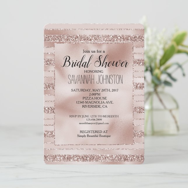 Blush Pink Glitter Glam Stripes Bridal Shower Invitation (Standing Front)
