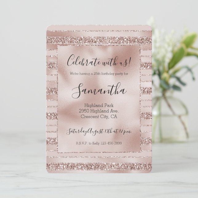 Blush Pink Glitter Glam Stripes Invitation (Standing Front)