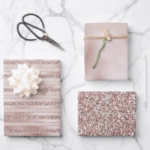 Blush Pink Glitter Glam Stripes Wrapping Paper Sheet