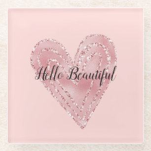 Blush Pink Glitter Glitzy Heart Glass Coaster