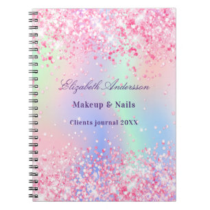 Blush pink glitter holographic name business notebook