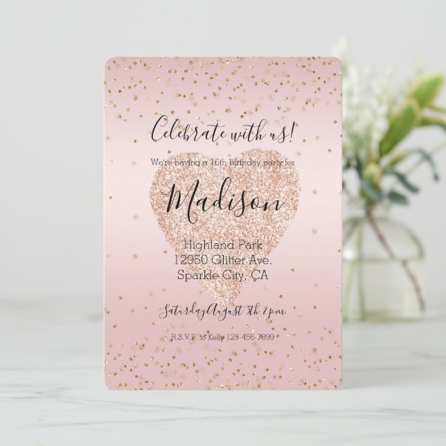 Blush Pink Glitter Love Gold Confetti Heart Invitation (Standing Front)