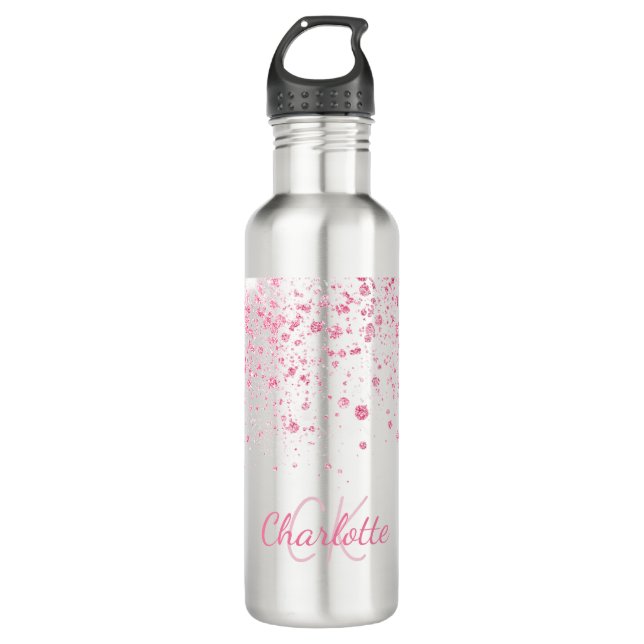 Blush pink glitter monogram girl 710 ml water bottle (Front)