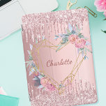 Blush pink glitter monogram name iPad pro cover<br><div class="desc">A blush pink metallic looking background. Faux glitter drips,  paint dripping look as decoration. A golden heart decorated with pink flowers.  Personalize and add a name. The name is written a modern dark rose gold coloured hand lettered script.</div>