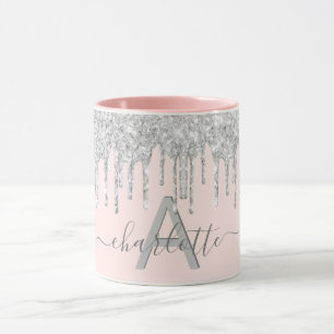 Blush pink glitter monogram silver grey mug