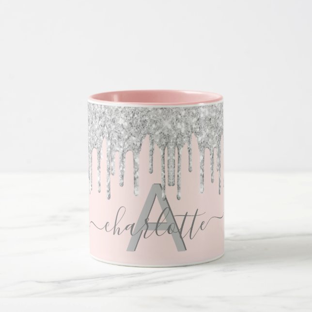 Blush pink glitter monogram silver grey mug (Center)