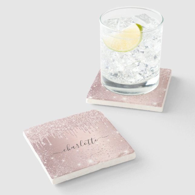 Blush pink glitter name script stone coaster (Side)