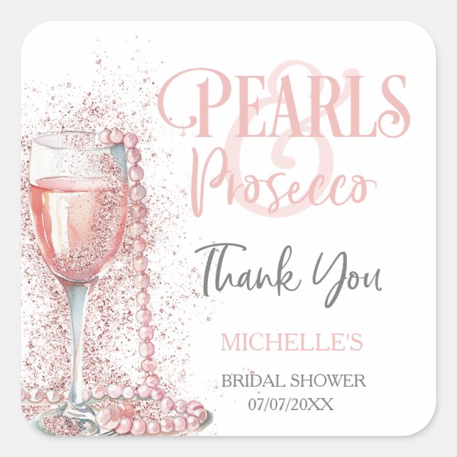 Blush Pink Glitter Pearls and Prosecco Thank You Square Sticker (Front)