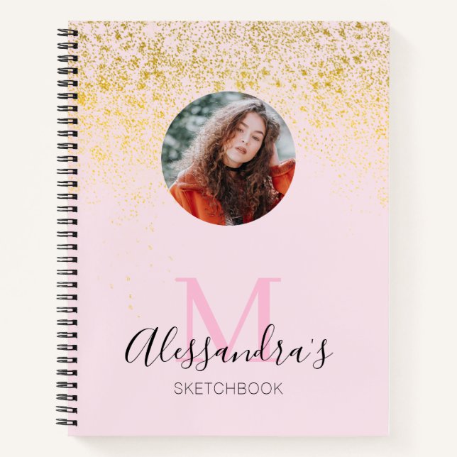 Blush Pink Glitter Photo Monogram Sketchbook Noteb Notebook (Front)