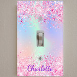 Blush pink glitter purple monogram name light switch cover<br><div class="desc">Rainbow,  holographic background in pink,  purple,  rose gold and mint green.  Decorated with faux glitter dust. Personalize and add a name,  purple coloured letters.  The name is written with a modern hand lettered style script.</div>