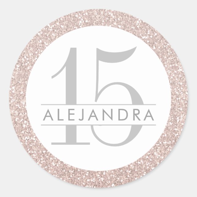 Blush Pink Glitter Quince Años Favour Sticker Labe (Front)