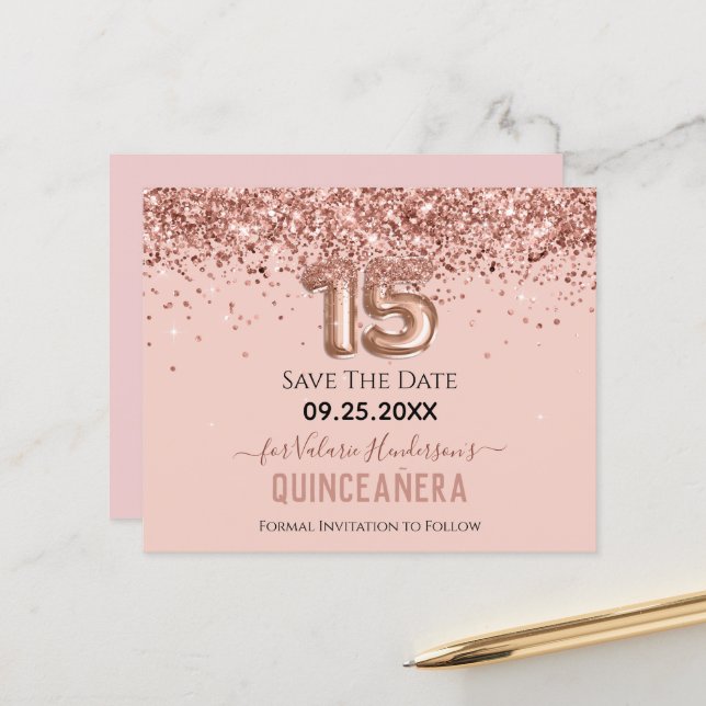 Blush Pink Glitter Quinceanera Save the Date (Front/Back In Situ)