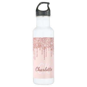 Blush pink glitter rose gold monogram name 710 ml water bottle
