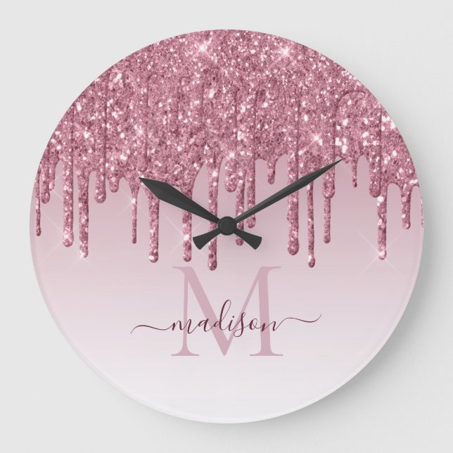 Blush Pink Glitter Sparkle Glam Dripping Monogram Large Clock (Front)