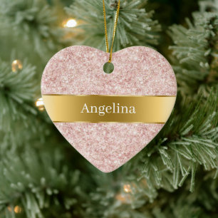 Blush Pink Glitter Sparkle Gold Ribbon Christmas Ceramic Ornament