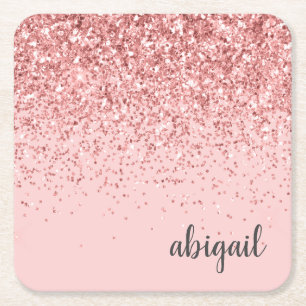 Blush Pink Glitter Sparkle Modern Monogram Party Square Paper Coaster