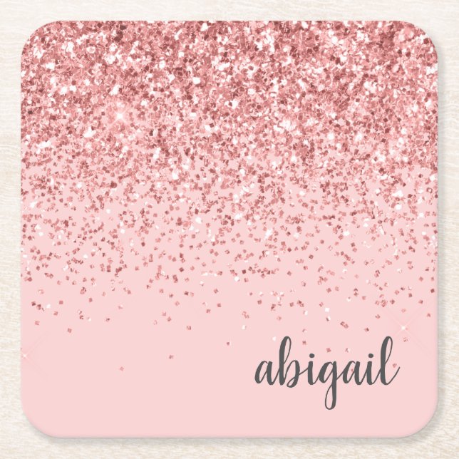 Blush Pink Glitter Sparkle Modern Monogram Party Square Paper Coaster (Front)