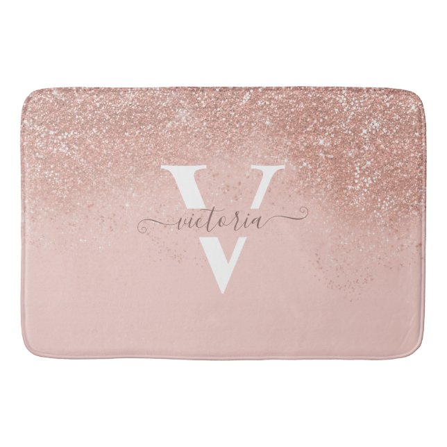 Blush Pink Glitter Sparkle Monogram Elegant Custom Bath Mat (Front)