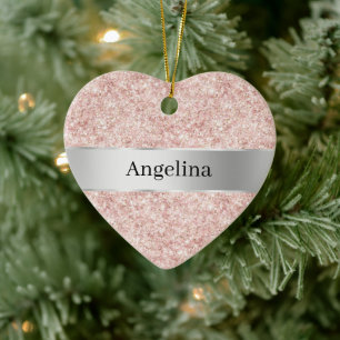 Blush Pink Glitter Sparkle Silver Ribbon Christmas Ceramic Ornament