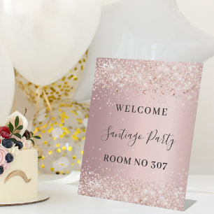 Blush pink glitter welcome room number pedestal sign