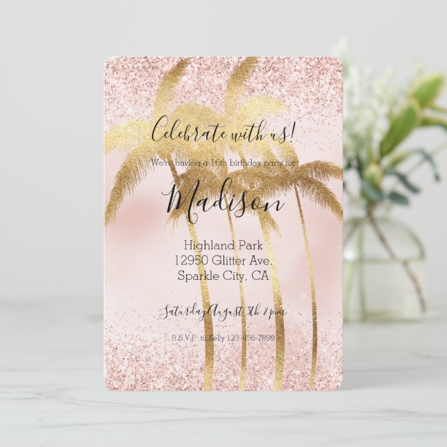 Blush Pink Glitz Glitter Gold Palm Trees Invitation (Standing Front)