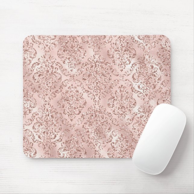 Blush Pink Glitzy Glitter Damask Mouse Pad (With Mouse)