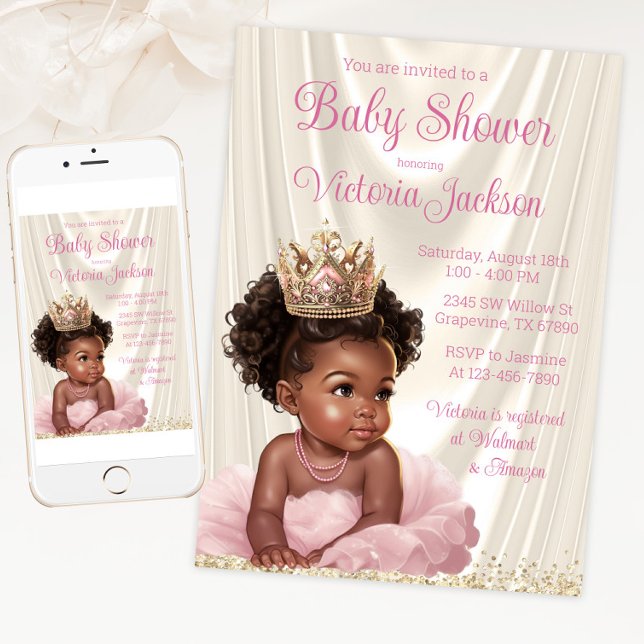 Blush Pink Gold African Princess Baby Shower Invitation (Pink and gold tutu princess baby shower invitation for print and digital download.)