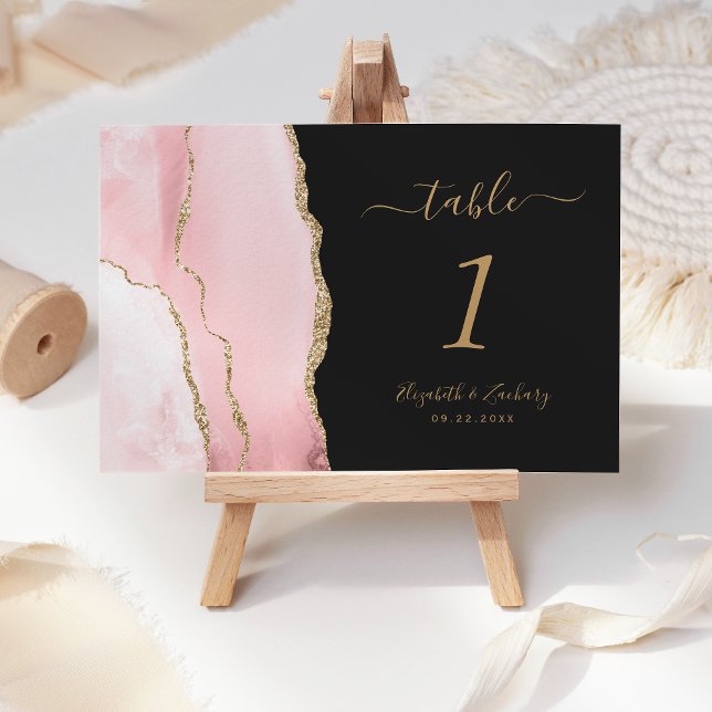 Blush Pink Gold Agate Dark Wedding Table Number (Creator Uploaded)