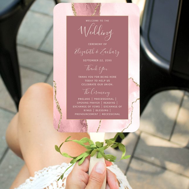 Blush Pink Gold Agate Dusty Rose Wedding Program Hand Fan (Creator Uploaded)
