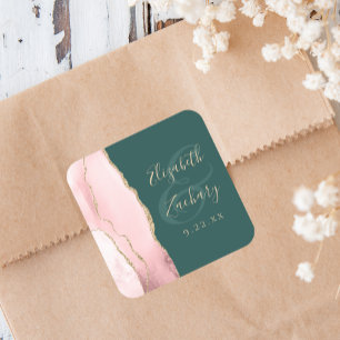 Blush Pink Gold Agate Emerald Green Wedding Square Sticker