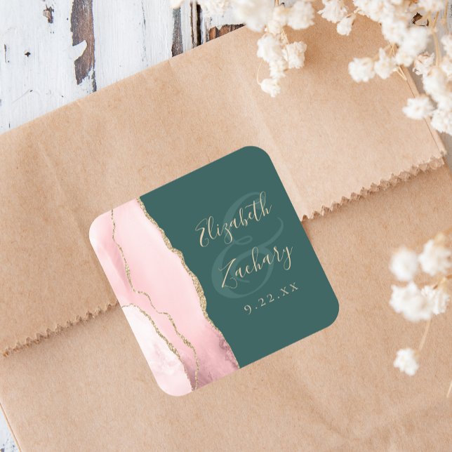 Blush Pink Gold Agate Emerald Green Wedding Square Sticker (Creator Uploaded)