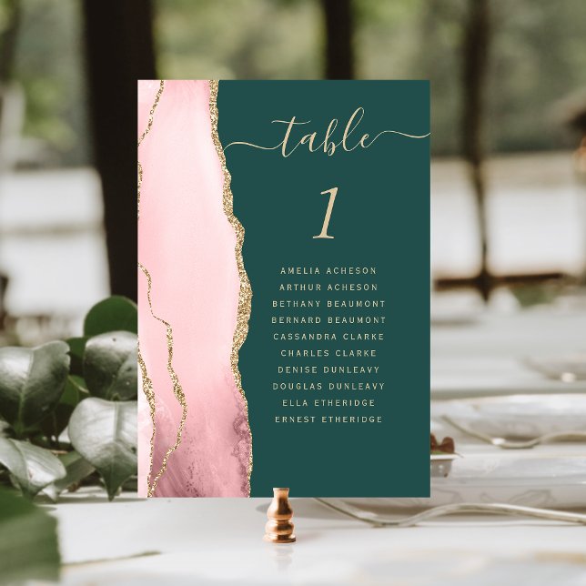 Blush Pink Gold Agate Emerald Green Wedding Table Number (Creator Uploaded)