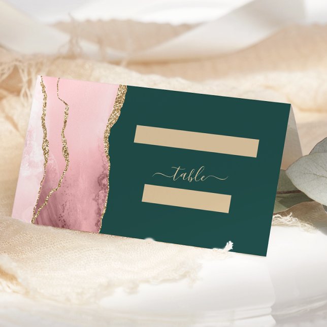 Blush Pink Gold Agate Emerald Green Wedding Table Place Card (Creator Uploaded)