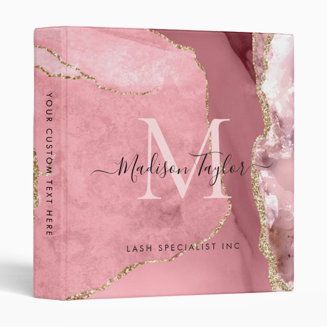 Blush Pink Gold Agate Geode Monogram Script Name 3 Binder (Front/Spine)